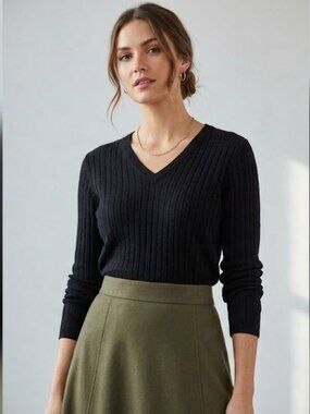 Alfani 100% Pure Merino Wool Black Ribbed V-Neck Sweater - Size XL